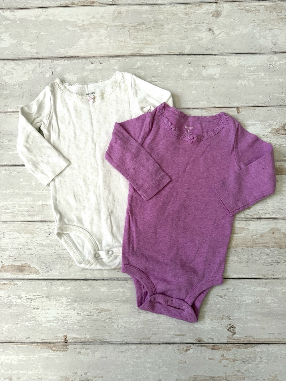 Carters 9m Baby Girl Lace Long Sleeve Bodysuits Set Purple Lavender & White Set
